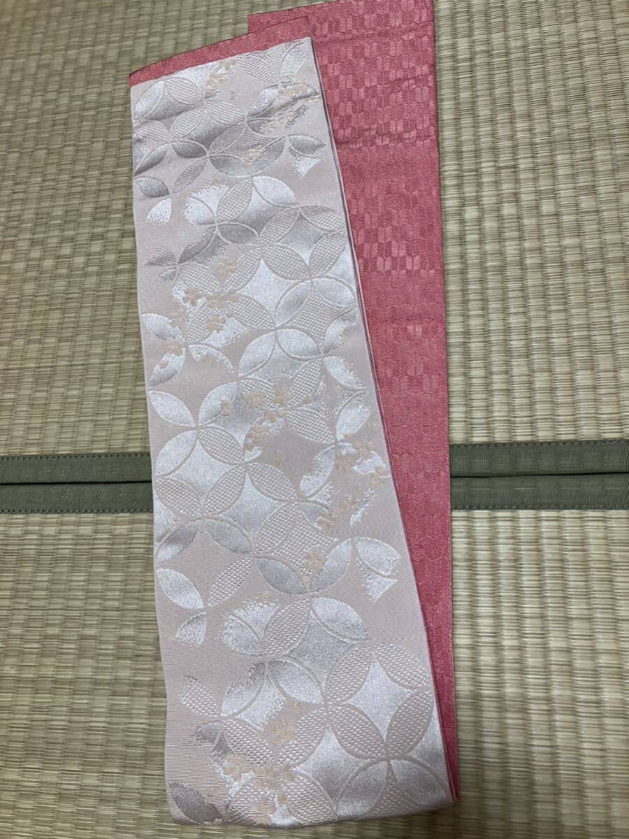 浴衣帯 半幅帯 コーラルピンク ベージュ 白 バイカラー帯★未使用★朝顔 桜 織模様 夏物 着物帯拍卖
