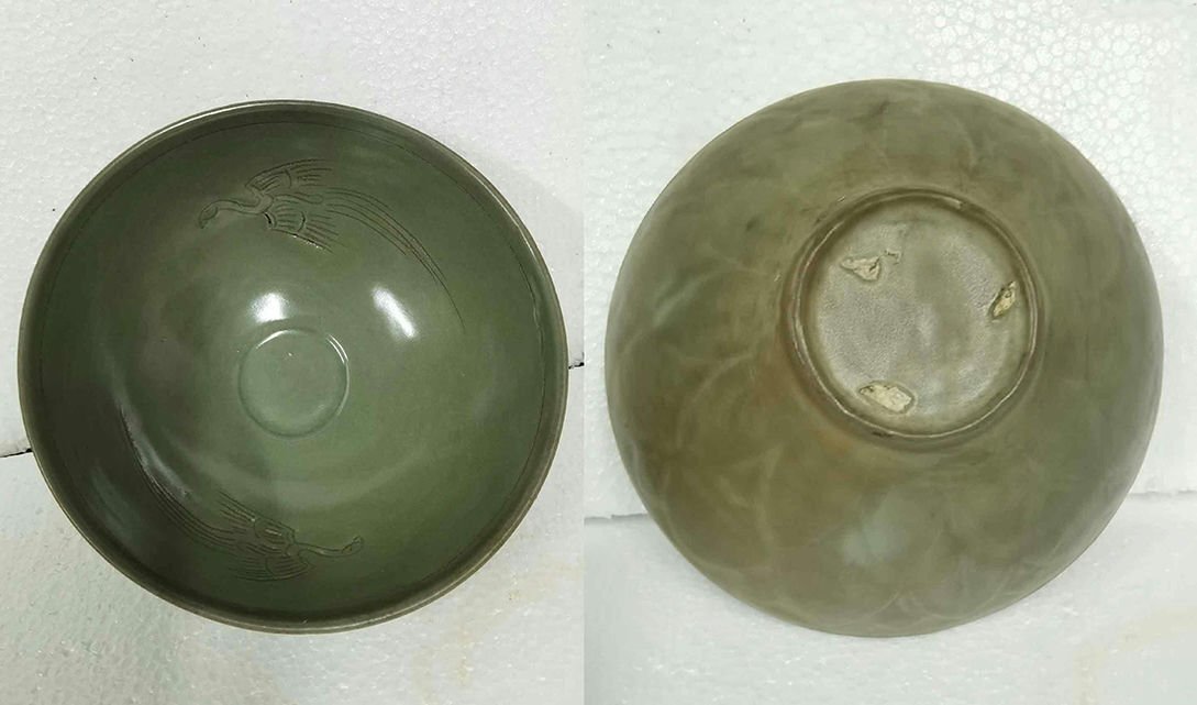 ▼渡鶴羽▼P229『朝鮮時代旧蔵』朝鮮古陶 朝鮮古美術 高麗磁 古高麗 李朝 高麗青磁陰刻鳳凰紋蓮花瓣紋碗拍卖