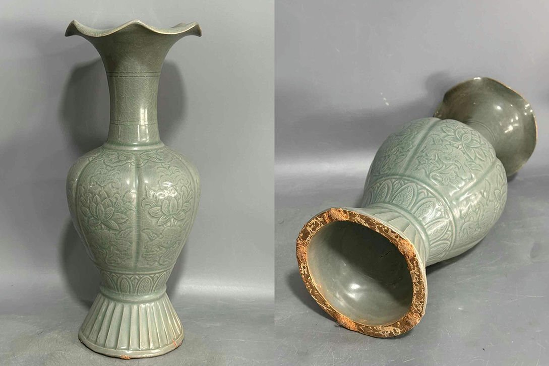 ▼渡鶴羽▼P581朝鮮古陶 朝鮮古美術 高麗磁 古高麗 李朝 高麗青磁花瓶拍卖