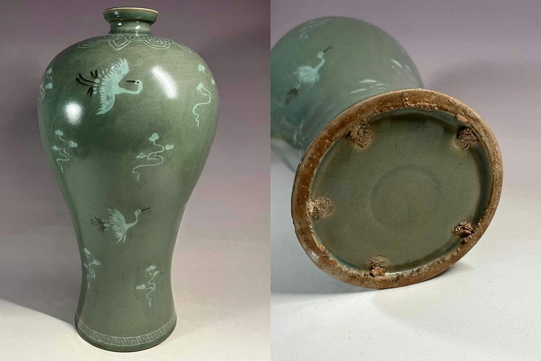 ▼渡鶴羽▼P926朝珍品旧蔵 朝鮮 高麗磁 朝鮮古陶磁器 古高麗 李朝時代 高麗青磁仙鶴紋梅瓶拍卖
