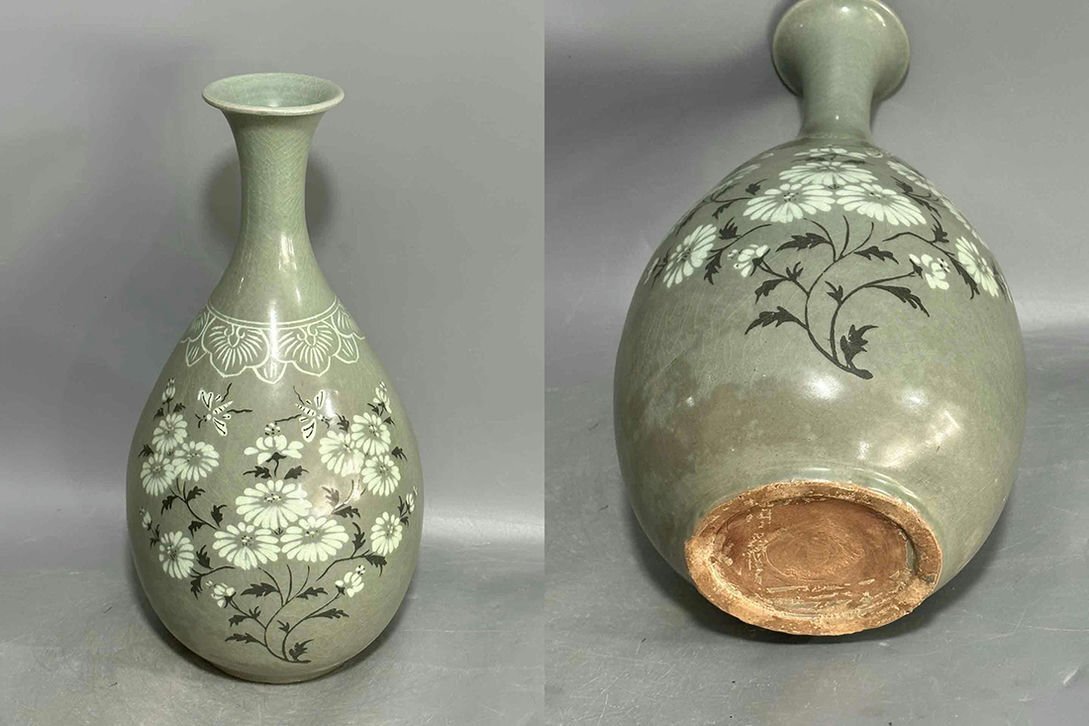 ▼渡鶴羽▼P815朝鮮珍品旧蔵 朝鮮美術 高麗磁 朝鮮古陶磁器 古高麗 李朝 高麗青磁花瓶拍卖