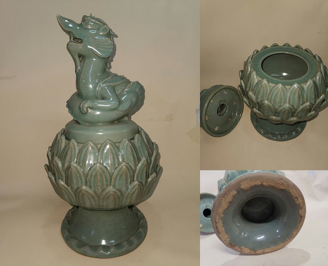 ▼渡鶴羽▼P693朝鮮珍品旧蔵 朝鮮美術 高麗磁 朝鮮古陶磁器 古高麗 李朝 高麗青磁大薫炉拍卖