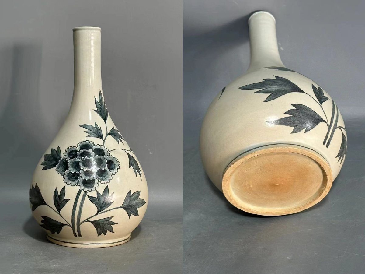 ▼渡鶴羽▼P3017朝鮮古陶 朝鮮古美術 高麗磁 古高麗 李朝 高麗白磁染付花卉紋瓶拍卖