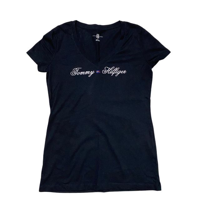 美品 ヒルフィガー Vネック Tシャツ 刺繍 ラインストーン ビッグロゴ Tommy HILFIGER レディース デカロゴ ブラック 雅瀬705拍卖