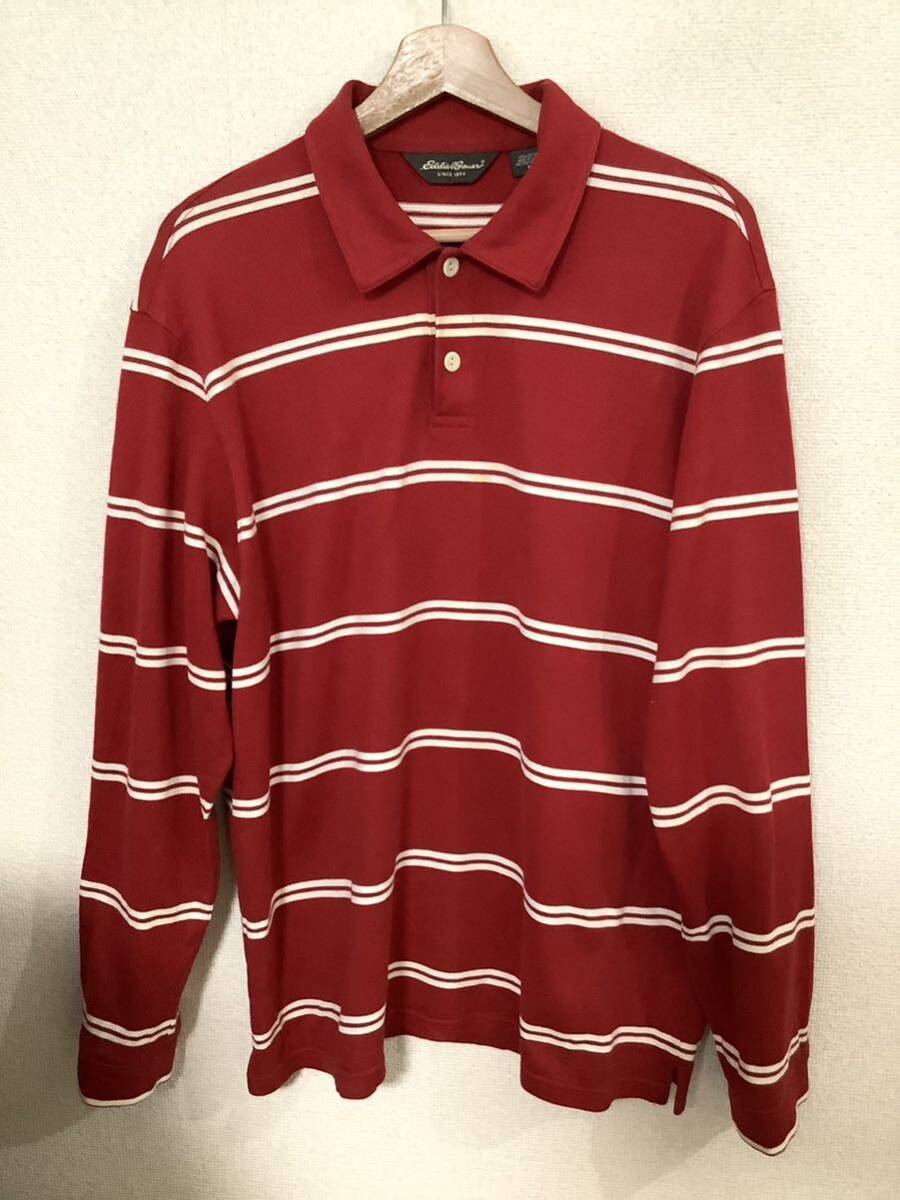 eddie-bauer エディーバウアー ボーダー柄 長袖ポロシャツ アウトドア レッド メンズ 古着 M拍卖