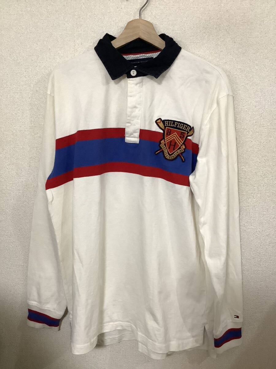 TOMMYHILFIGER トミーヒルフィガー ワッペン付き ラガーシャツ 長袖シャツ ホワイト カジュアル 古着 め拍卖