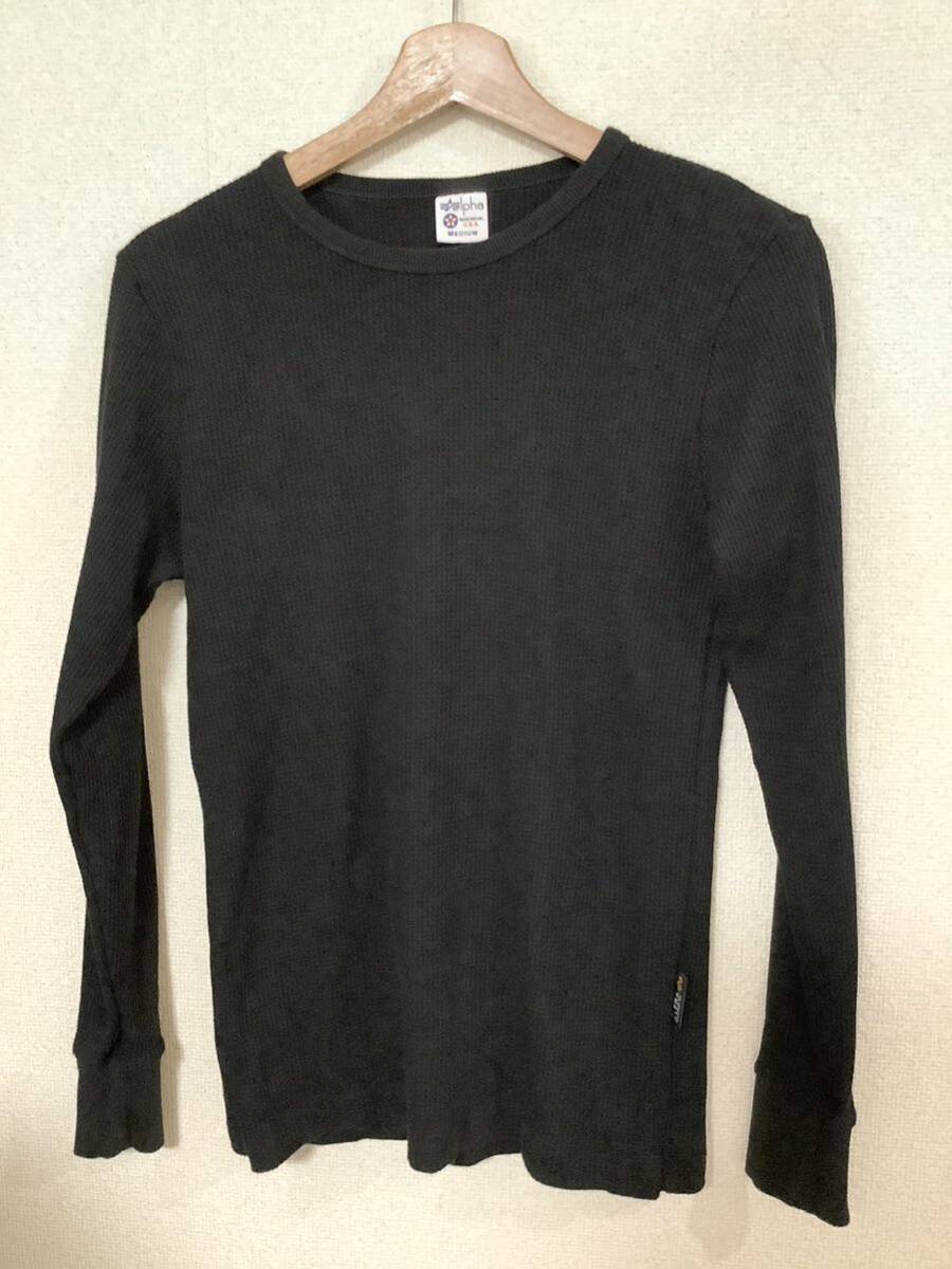 ALPHA アルファ 長袖サーマル 長袖Tシャツ ワッフル ブラック カジュアル アメカジ メンズ 古着 M拍卖