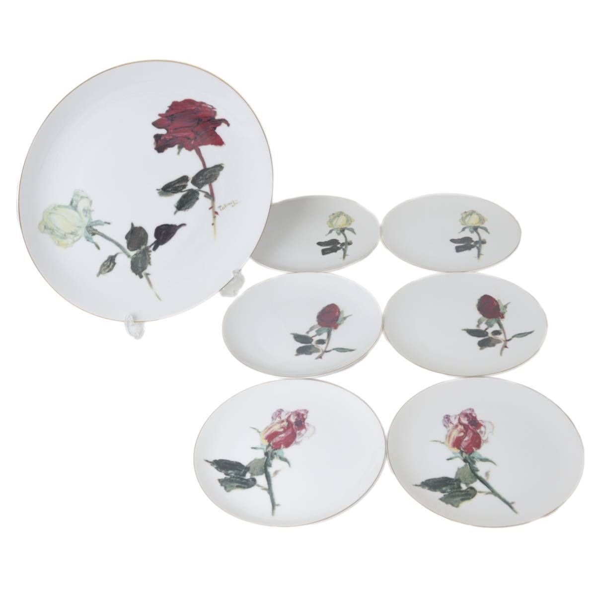 NARUMI ナルミ 鳴海製陶 大皿 1枚 中皿 6枚 薔薇絵 金彩 計7枚セット CHINA 磁器 直径約19cm/30.5cm NT 美品 ABランク拍卖