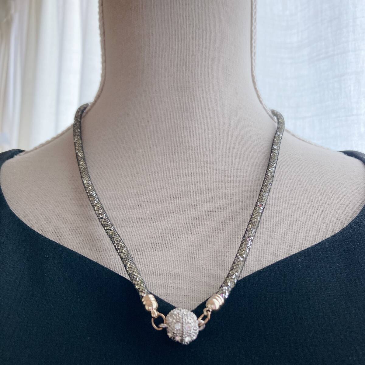 ネックレス メッシュチェーン ラインストーンマグネットボール レア ショート キラキラ 軽量☆Vintage jewelry accessoriesk0867拍卖