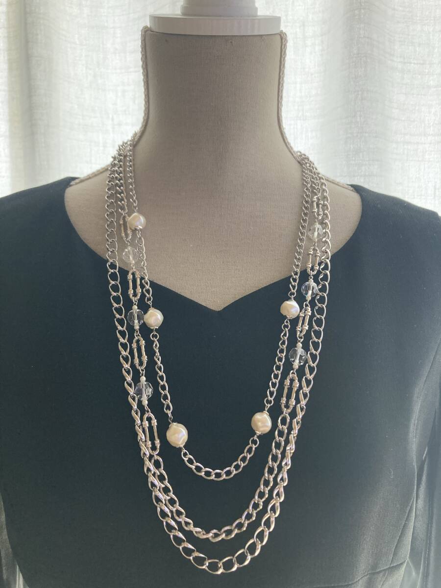 ネックレス ロング 3連 バロックパール カットビーズ チェーン シルバーカラー 美品☆japan Vintage jewelry accessoriesk0849拍卖