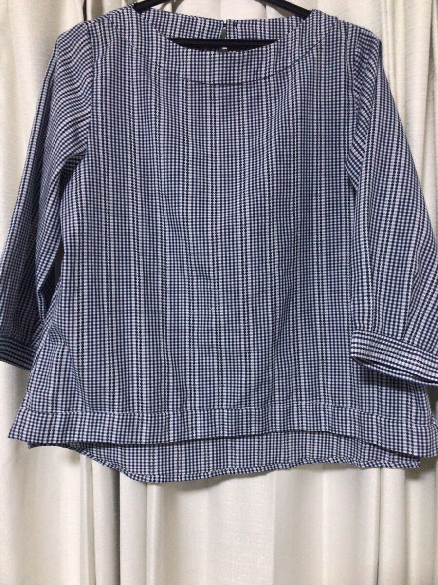 レディース☆ブラウス☆七分袖☆格子柄☆紺系☆L☆拍卖