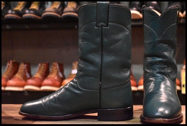 【9B 良品】JUSTIN ジャスティン ウエスタンブーツ 3088 グリーン 緑 ビンテージ プルオン ローパー リオスオブメルセデス HOPESMORE拍卖