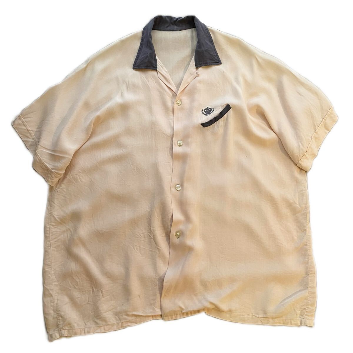 50s 60s USA製 シャツ 半袖 オープンカラー 開襟 レーヨン ツートーン 茄子紺 ピンク フェード オンブレ シャドー ヴィンテージ ビンテージ拍卖