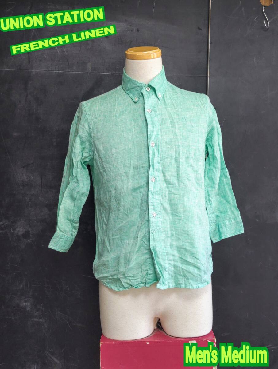 ★送料無料★ UNION STATION ボタンダウンシャツ ユニオンステーション リネンシャツ メンズ シャツ 七分袖 Medium拍卖