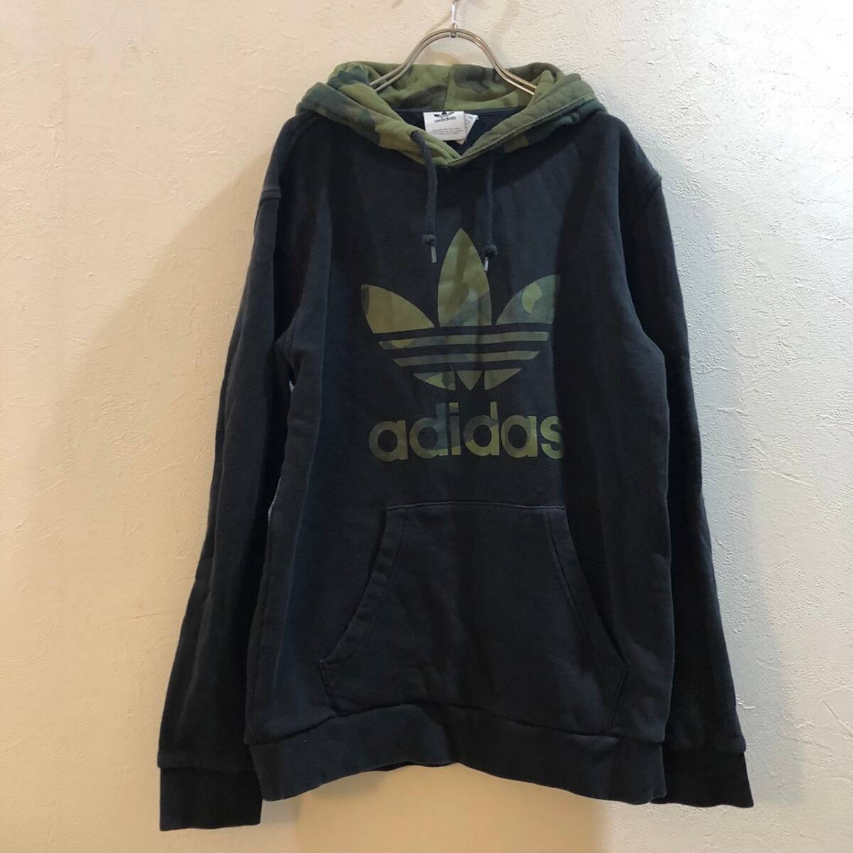 ADIDAS/アディダス 長袖プルオーバーパーカー ブラック カーキ メンズ M拍卖