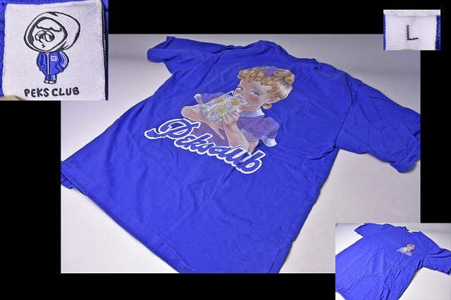 PEKS CLUB ★ ペクスクラブ ★ Tシャツ ★ L ★ 日本製 ★ 綿100% ★ 青 ★ イラスト ★ バックプリント ★ 中古品 ★拍卖