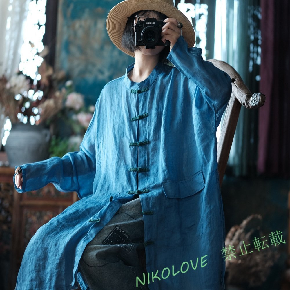 新品ロングカーディガン アンティーク風 洋服ミックス ロマンファッション ポップ 楽ちん 個性豊か ブルー 麻 リネン 薄手 LG529拍卖