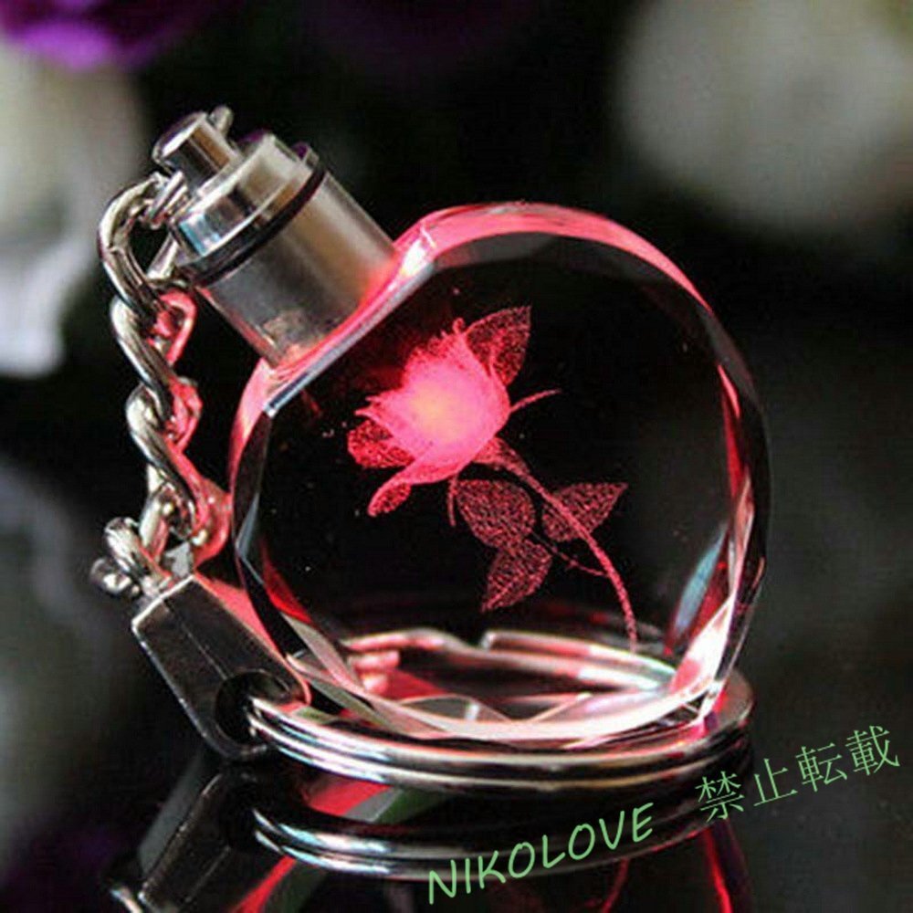 新品 ローズフラワークリスタル LED ライト キーホルダー グローイング 発光 クリスタル ローズハート キーチェーン 水晶 LG589拍卖