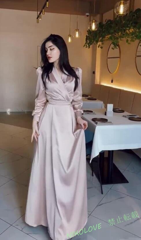 ☆上品レディース ワンピース 着心地抜群 20代30代40代 sexy 女性用 長袖 ドレス V襟 光沢 ベージュ LH944拍卖