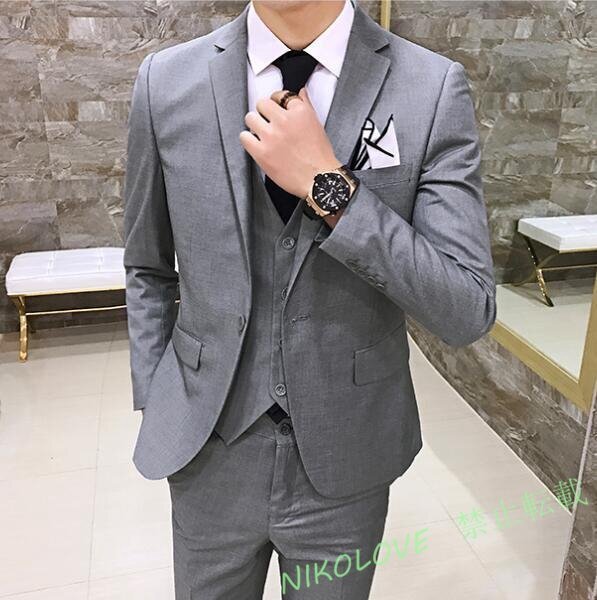 新品 メンズ スーツセット スリーピース 結婚式 スタイリッシュ 細身 スリム 3点セット 無地 イギリス風 一つボタン 就職 グレー LH303拍卖