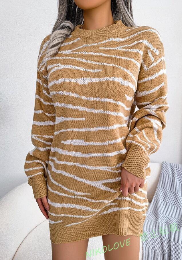 ☆上品レディース ワンピース 着心地抜群 20代30代40代 きれいめ ニット素材 ミニ丈 長袖 カーキ LL375拍卖