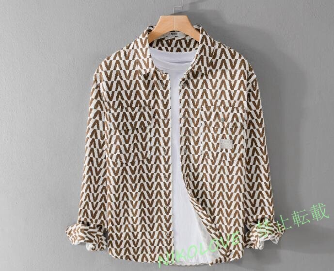 新品 春秋 シャツジャケット メンズ 千鳥柄 長袖シャツ 花柄シャツ 美品 トップス カジュアルシャツ 胸ポケット オシャレ カーキ LF826拍卖