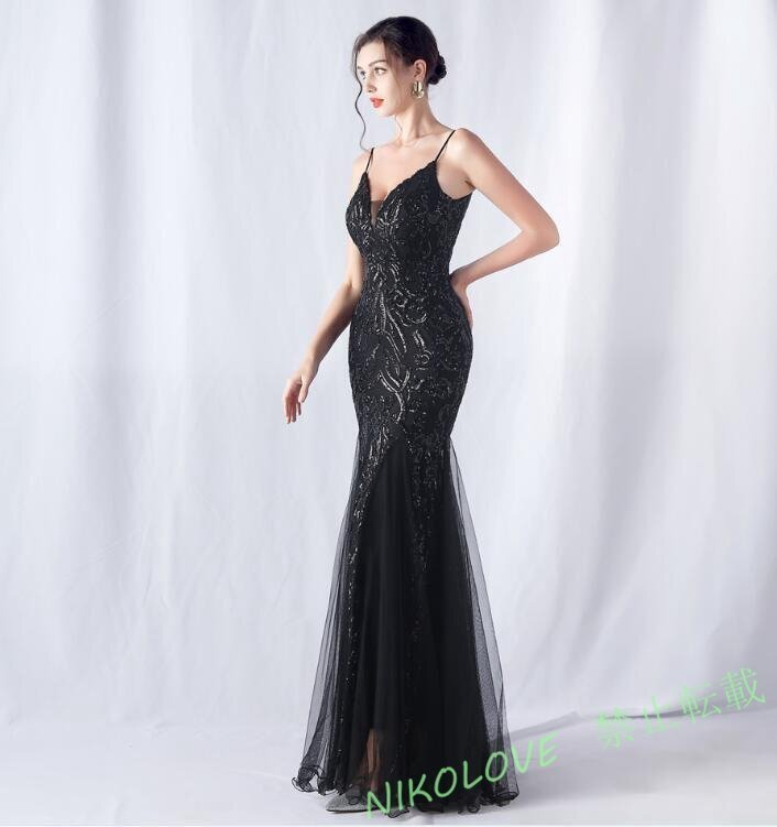 ☆上品レディース ワンピース 20代30代40代 着心地抜群 ロング丈 演奏会dress キャミワンピ black LH738拍卖