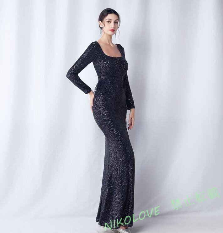 ☆上品レディース ワンピース 演奏会dress 20代30代40代 着心地抜群 ロング丈 長袖 濃紺 LH742拍卖