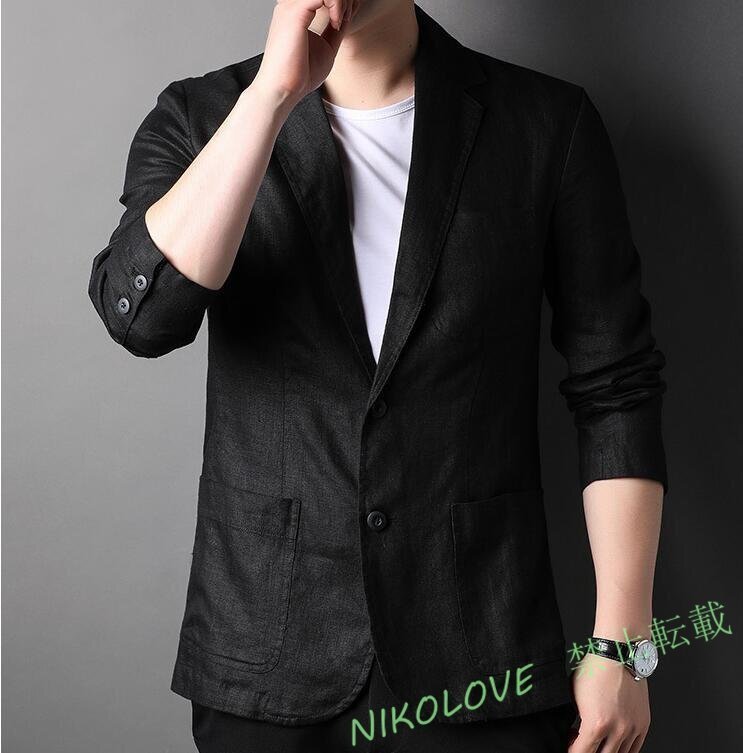 新品 リネンジャケット メンズ 2ボタンテーラードジャケット ブレザー 100%麻 通気 通勤 春夏秋 無地 カジュアル 紳士用 黒 LG186拍卖