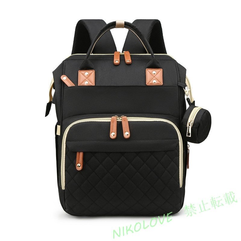 新品 マザーズバッグ ベビーベッド 多機能 大容量 保温 ベビーカーフック付 ママリュック ママバッグ マザーズリュック ブラック LG165拍卖