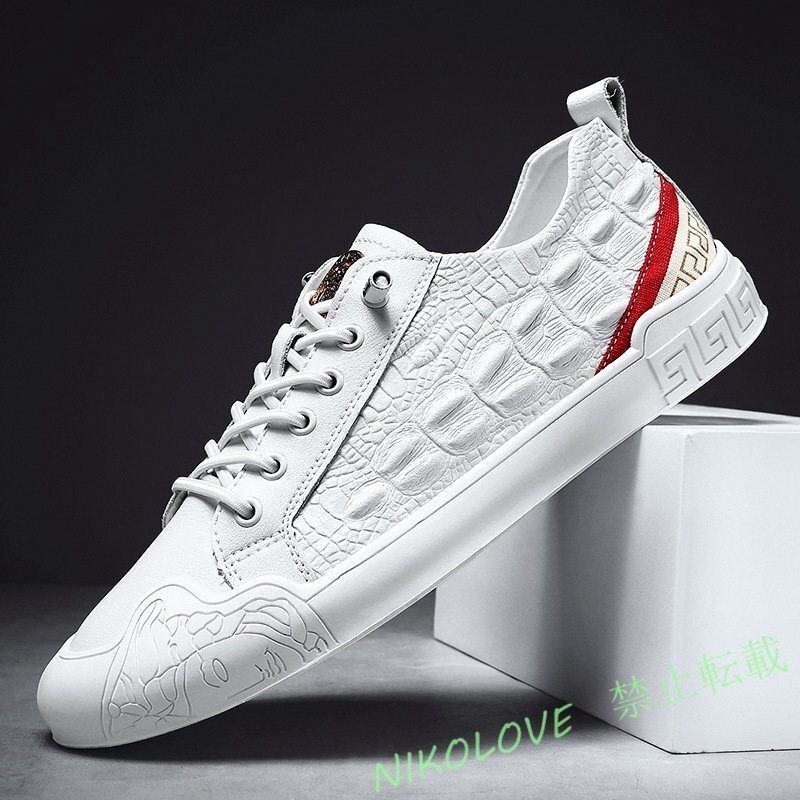 新品 スニーカー メンズ 鰐柄 本革レザーシューズ 牛革 滑り止め ドライビングシューズ 男女兼用 通気性 上品 カッコイイ 白 LF991拍卖