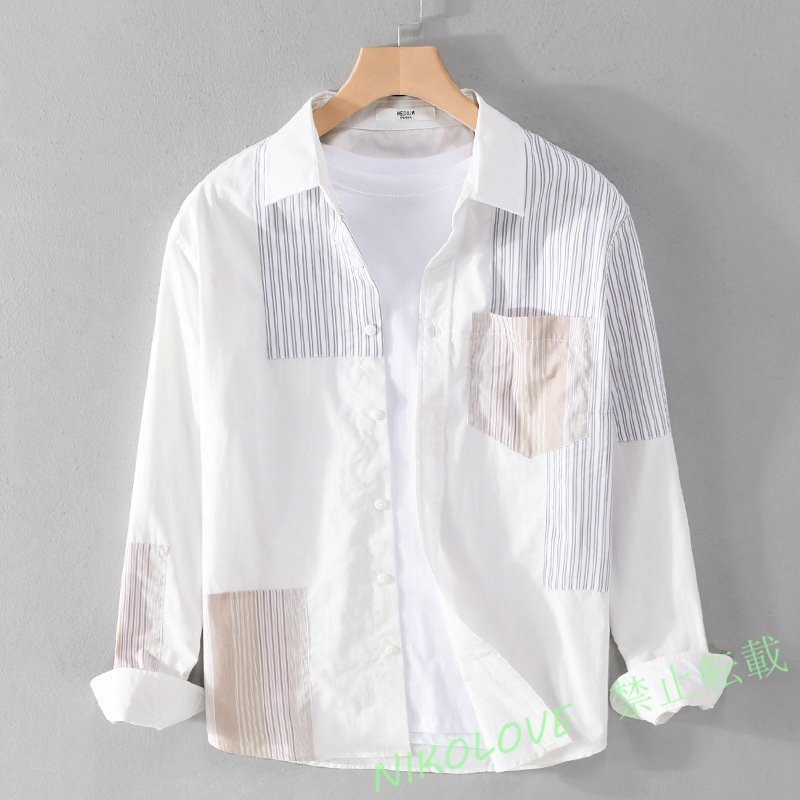 新品 選択可 春夏 メンズ コットン長袖シャツ ストライブ柄シャツ ホワイトシャツ レギュラーシャツ カジュアル ビジネス 細身 紳士 LF825拍卖