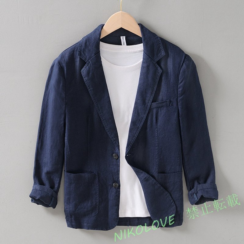 新品 選択可 テーラード メンズ 春夏 コート リネンジャケット ブレザー 背広薄手 麻スーツ デザイナーズ 無地 清涼感 ネイビー LF666拍卖