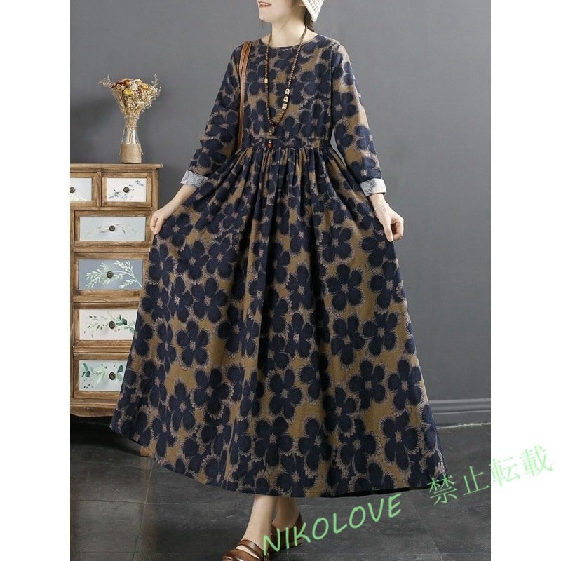 新品レディース カジュアル ゆったり大きいサイズ 体型カバー プリント 綿麻 ロング丈ワンピース ブルー XXL LG214拍卖