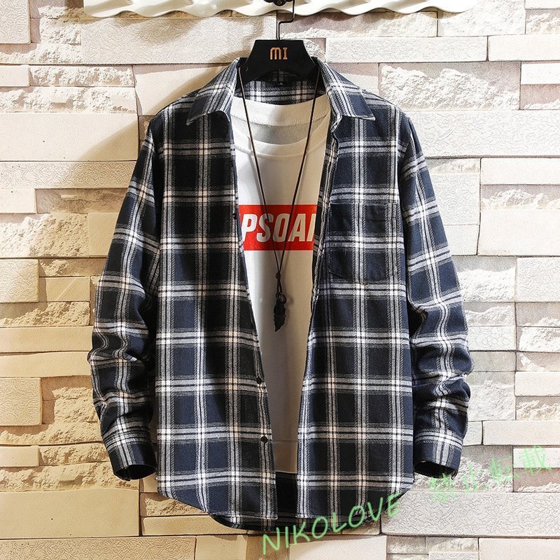 新品メンズ長袖シャツ カジュアルシャツ アウター 長袖 シャツ トップス ワークウェア チェックシャツ ストライプシャツ ネイビー LG410拍卖