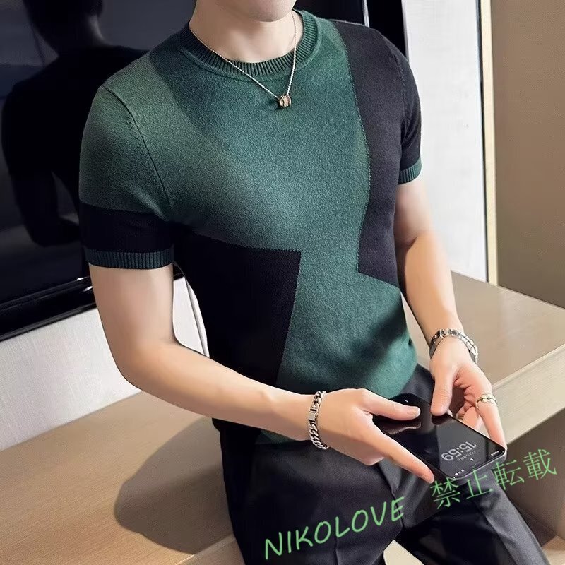 新品お色選択可 サマーニット カットソー カジュアル 半袖ニット メンズ サマーセーター ニットTシャツ グリーン 3XLサイズ LG666拍卖