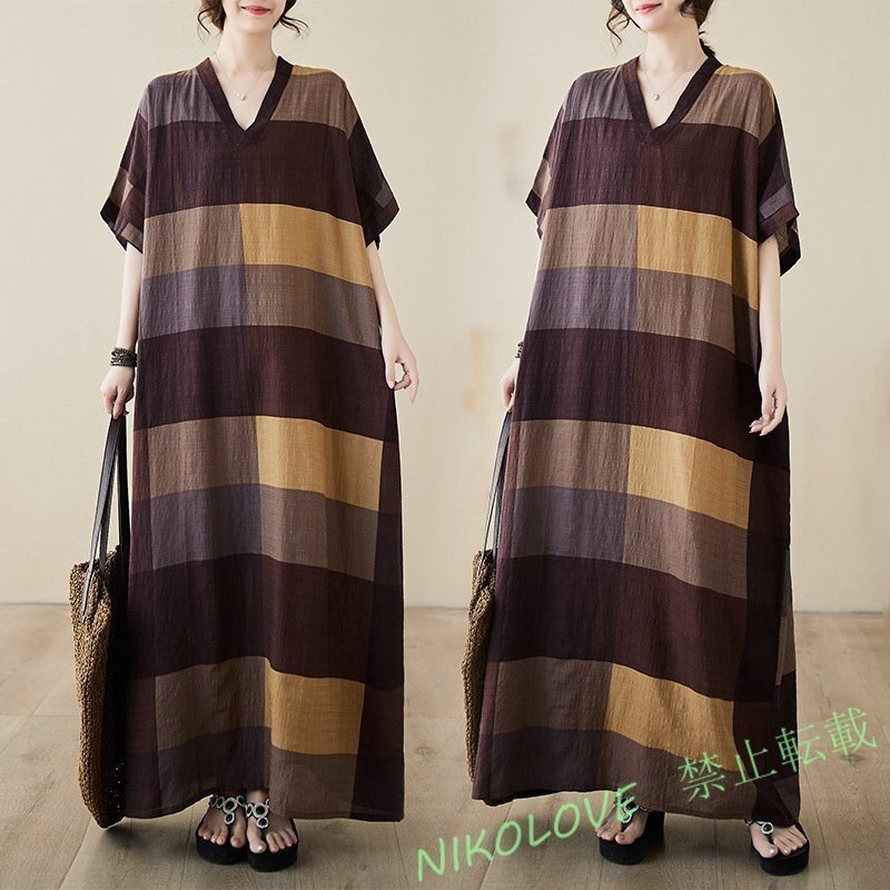 新品夏物 茶色チェックがかわいいVネックのマキシ丈ワンピ コットン風夏素材のマキシワンピ 大きいサイズ LG237拍卖