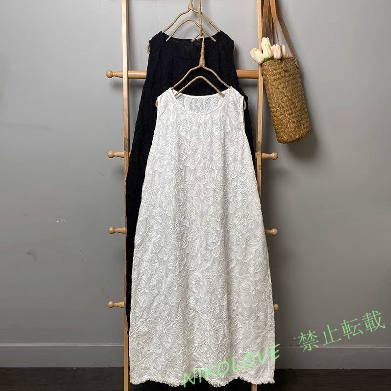 新品ワンピース 全刺花柄 インナーワンピース チュニック ゆったり フリーサイズ ナチュラル 綿100% 重ね着用にも ホワイト LG209拍卖