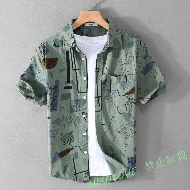 新品 夏 半袖シャツ メンズ ビジネス カジュアルシャツ アロハシャツ Tシャツ 総柄 ワイシャツ 通気性 お洒落 心地良し 個性 緑 LH158拍卖