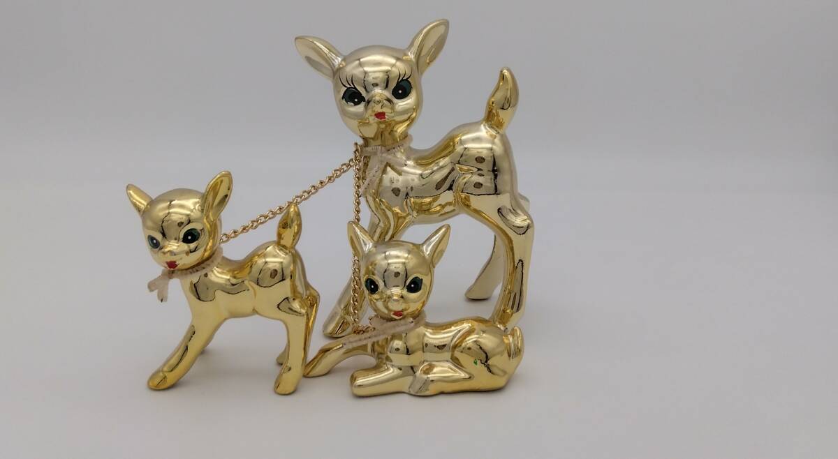 金色 バンビ 親子 3体セット 陶器 置物 インテリア オブジェ 昭和 レトロ ポップ 当時物 ビンテージ ヴィンテージ ゴールド拍卖