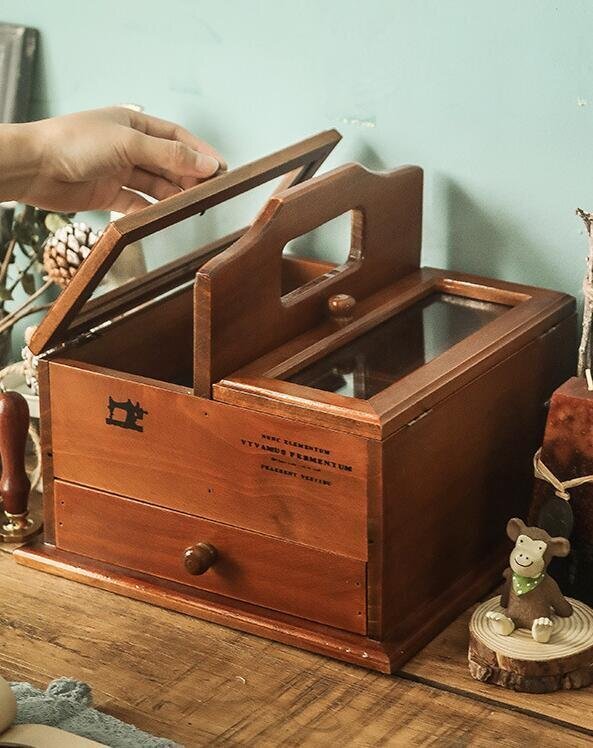 OHJ0012★上質 裁縫箱 レトロな木製ソーイングバスケット ポータブルソーイングボックス 引き出しタイプのデスクトップ収納ボックス拍卖