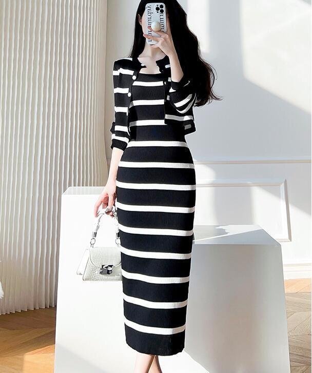 LRM3940★ヴィンテージストライプのニットサスペンダーです オフィス 極美品 着心地抜群 長袖 ニット素材 20代30代40代 2点セット拍卖