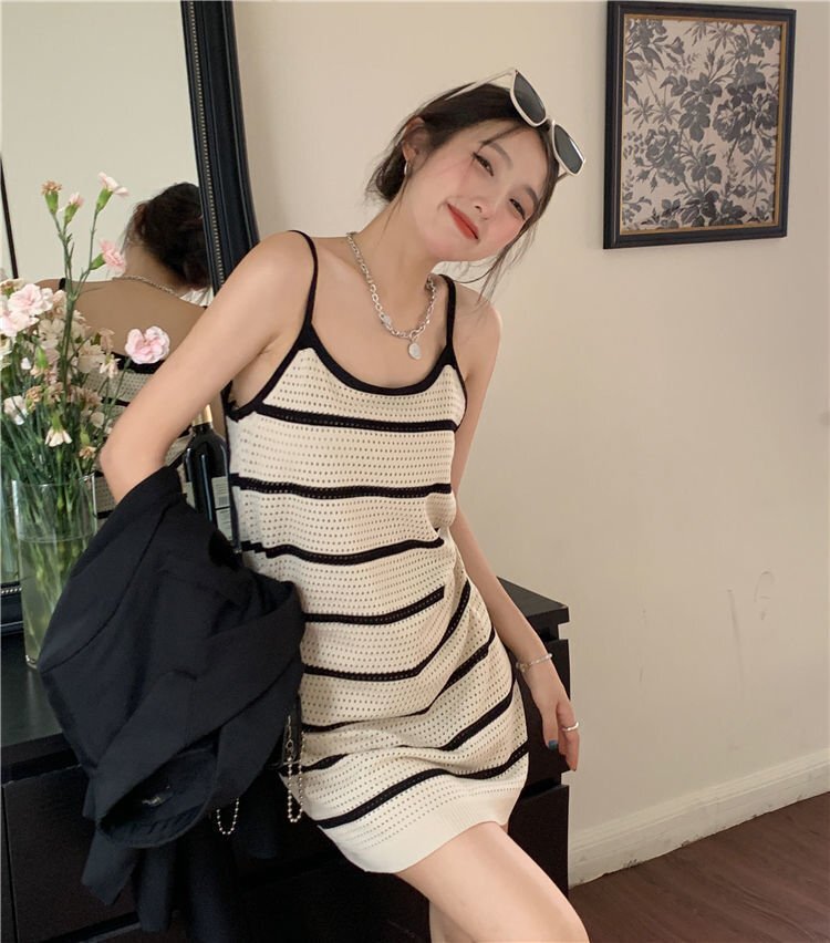 OHJ007★人気新品 夏物 お色選択可 キャミソールワンピース 透け編み 切り替え バイカラー スリム 着痩せ ボーダー柄 シンプル拍卖
