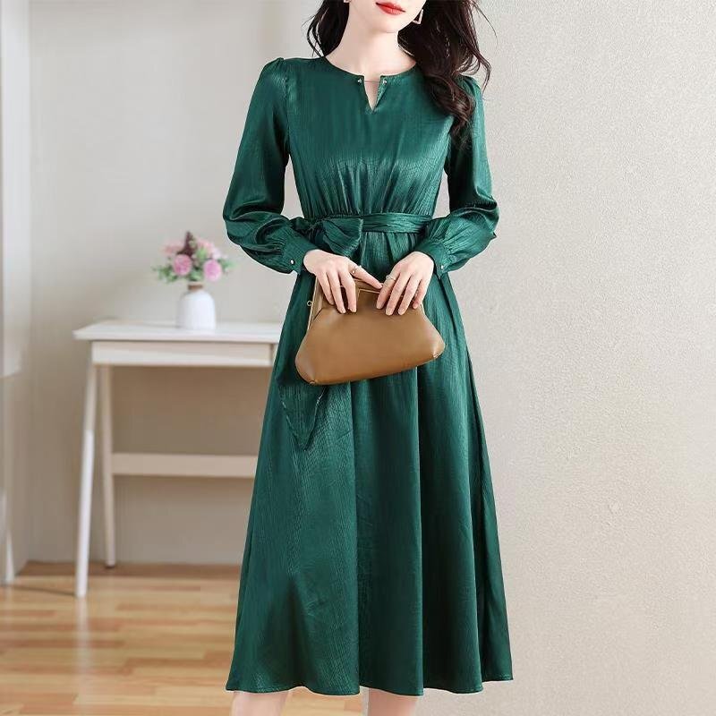 LRM3469★新品S-2XLサイズ?秋上質高級感Vネックワンピースフォーマル園行事304050代オフィス通勤つるつるサテン着やせロング丈ワンピース拍卖