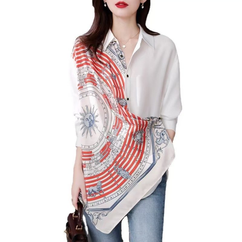 LRM3592★新品春オシャレ 大きいサイズ カジュアル ゆったり素敵な プリント柄 切り替え 長袖 20代30代40代 シャツチュニック拍卖