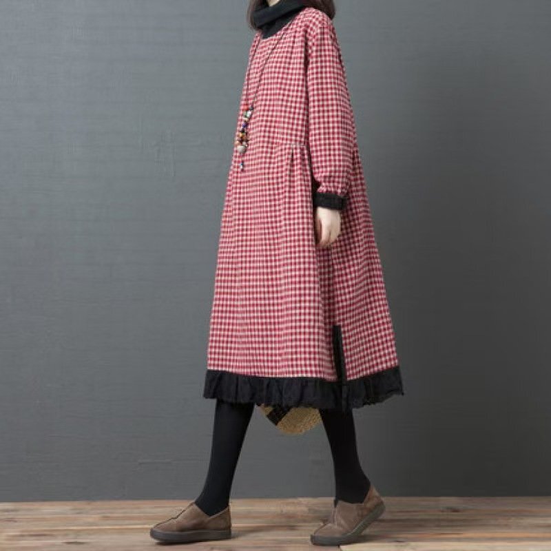 LRM3598★新品エレガント 秋冬 チュニック 長袖 aラインワンピース 膝丈 チェック柄 厚地 大きいサイズ 長袖 ひざ丈ワンピース拍卖