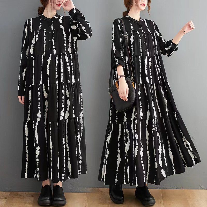 LRM3708★新品秋 上質 カジュアル おしゃれ 総柄 切り替えゆったり大きいサイズ 長袖ロングマキシワンピース フリーサイズ拍卖