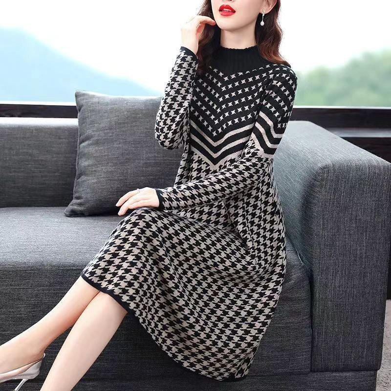 LRM3720★新品上質20304050代 プリント柄切り替え ひざ丈ワンピース カシミヤ混 ニット ワンピース 園行事 フォーマル 長袖拍卖