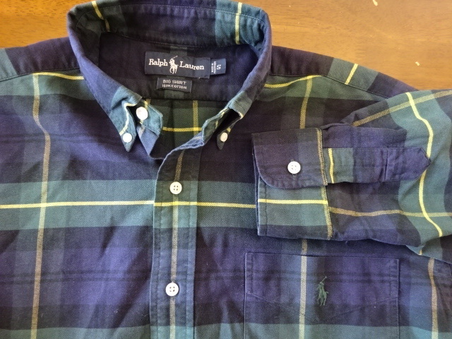 訳ありUSED美品☆ラルフローレン☆グリーンポニー刺繍☆BIG SHIRTチェツクL/Sシャツ☆サイズS拍卖