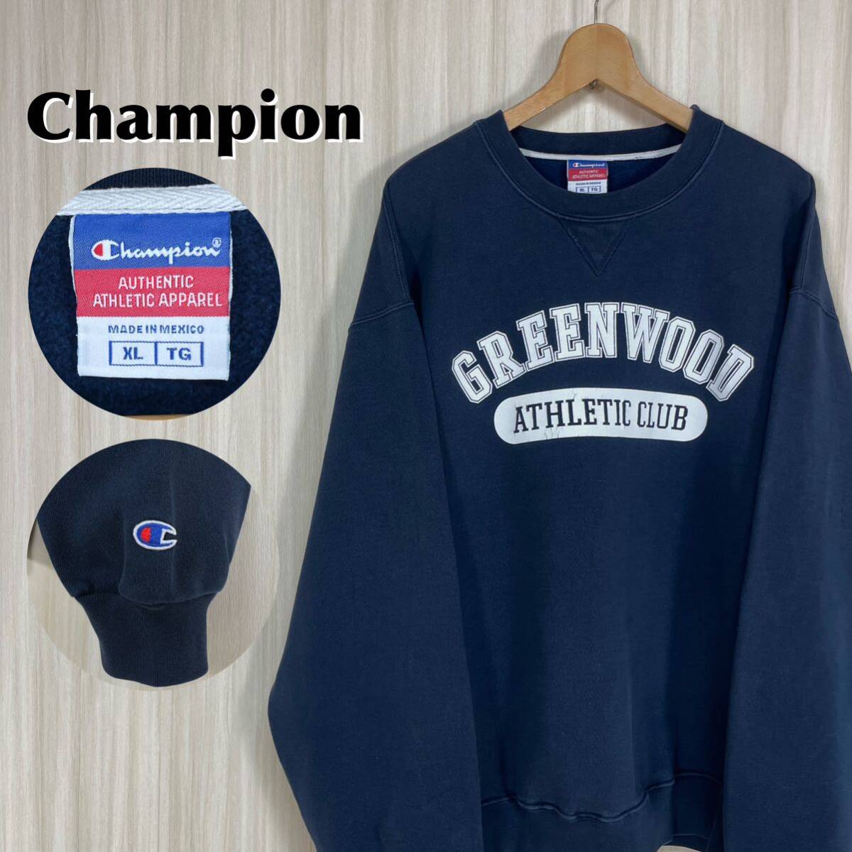 ☆メキシコ製☆チャンピオン ビッグプリント 3色タグ Vガゼット 裏起毛 BOXシルエット スウェット XL ネイビー 濃紺 アメカジ 90s 古着拍卖